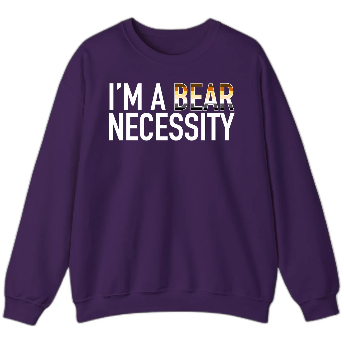 Bold 'I'm A Bear Necessity' text design with gradient bear head silhouette in earth tones and white lettering on gray background in Purple