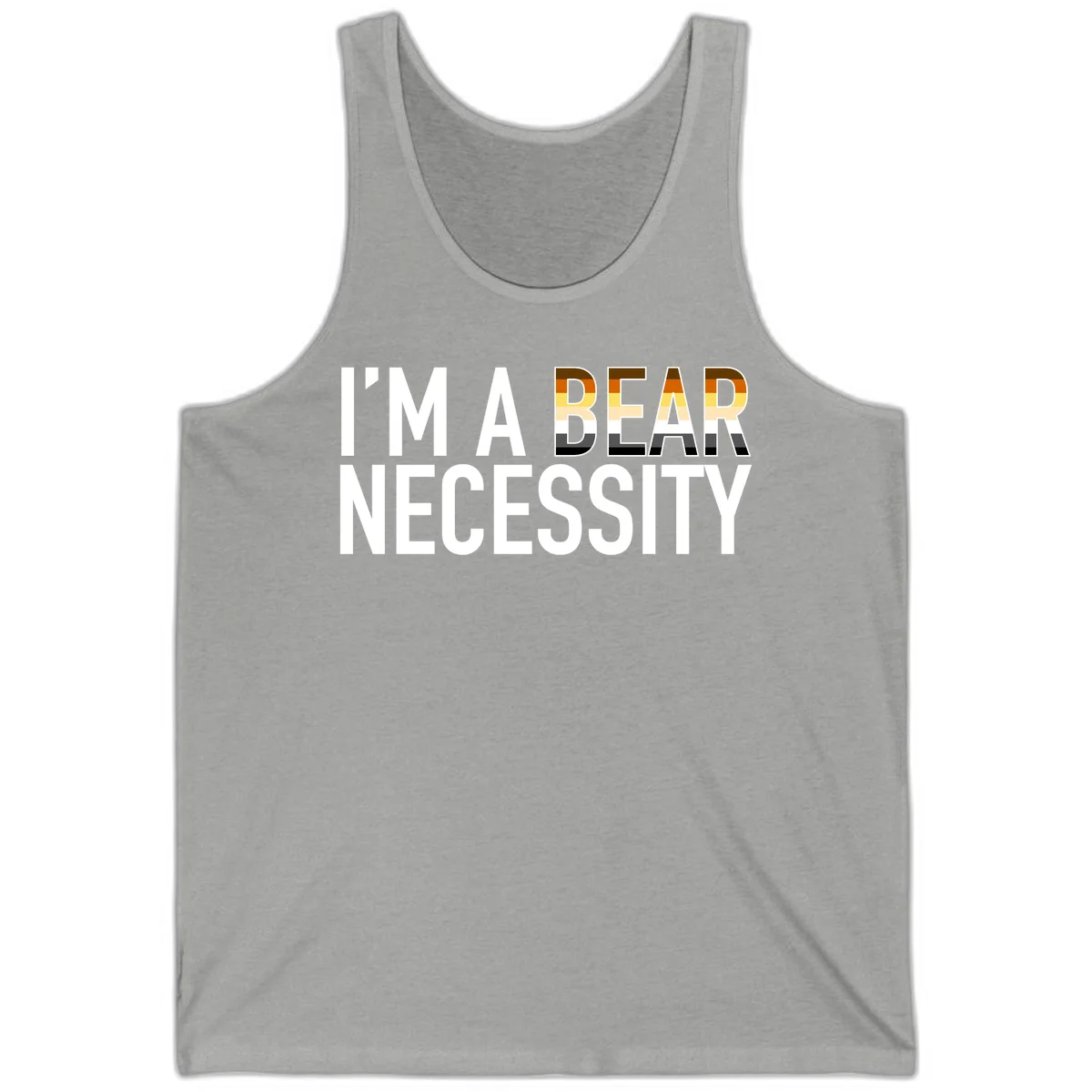 Bold 'I'm A Bear Necessity' text design with gradient bear head silhouette in earth tones and white lettering on gray background in Athletic Heather