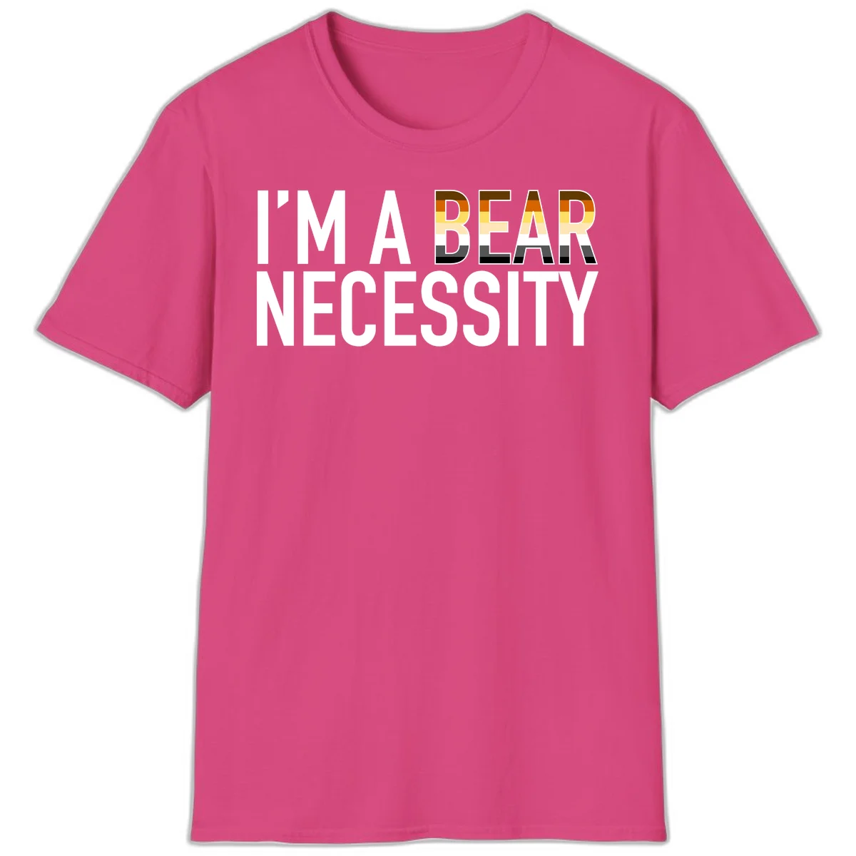 Bold 'I'm A Bear Necessity' text design with gradient bear head silhouette in earth tones and white lettering on gray background in Heliconia