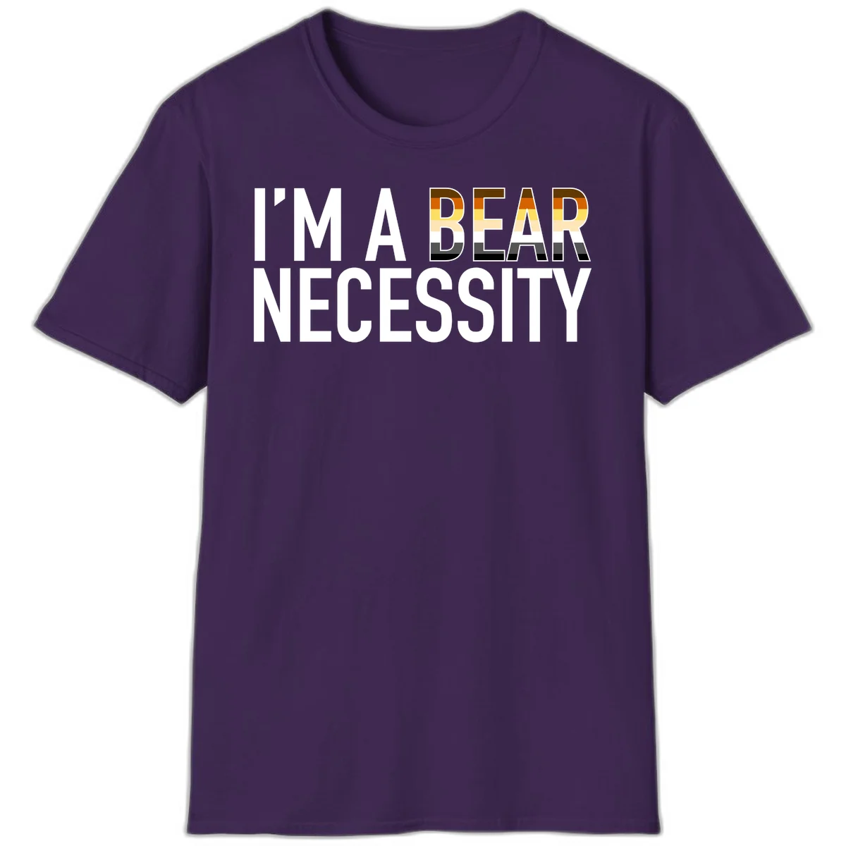 Bold 'I'm A Bear Necessity' text design with gradient bear head silhouette in earth tones and white lettering on gray background in Purple