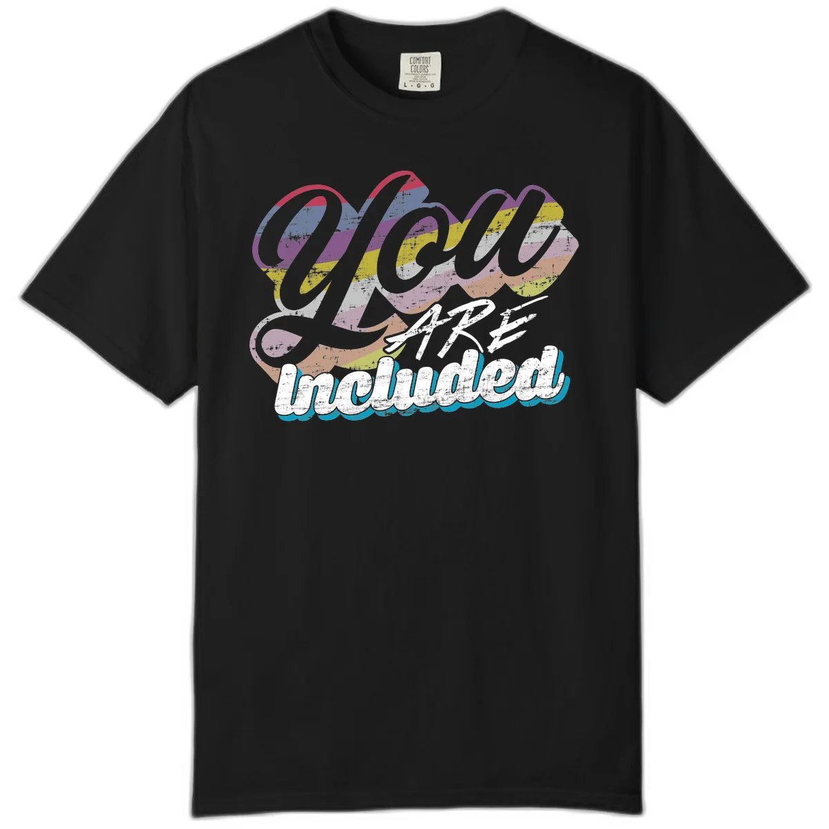 One love unbreakable pride design with rainbow-striped flowing ribbon banner and distressed vintage textures on gray background in Black