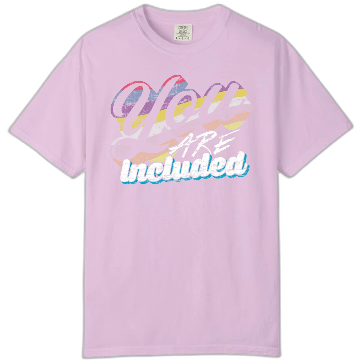 One love unbreakable pride design with rainbow-striped flowing ribbon banner and distressed vintage textures on gray background in Orchid