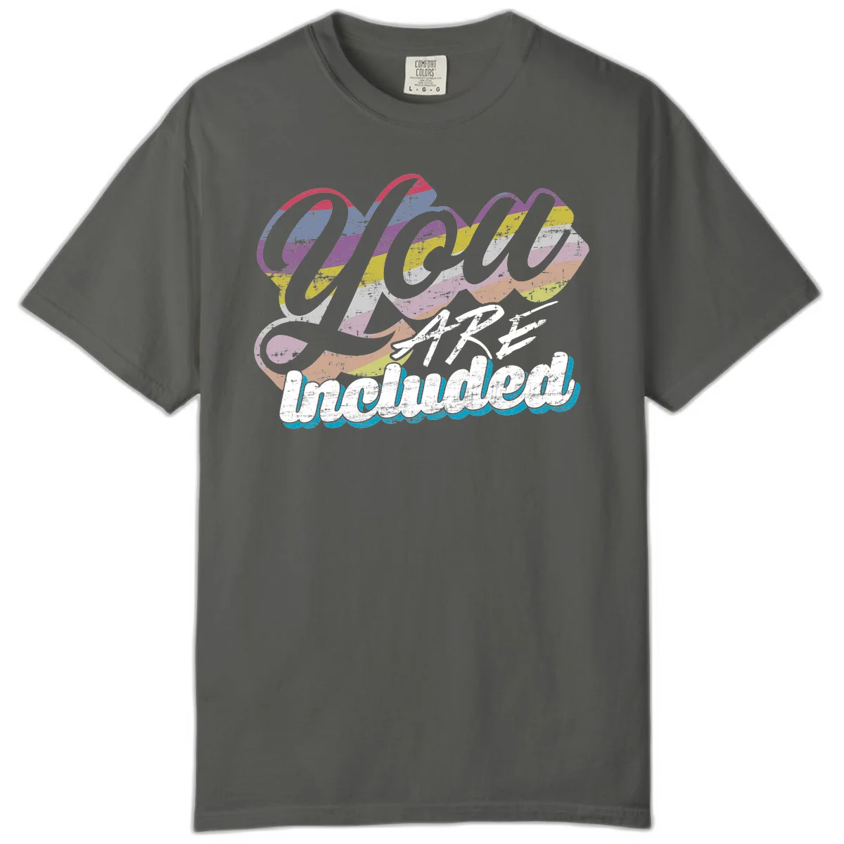 One love unbreakable pride design with rainbow-striped flowing ribbon banner and distressed vintage textures on gray background in Pepper