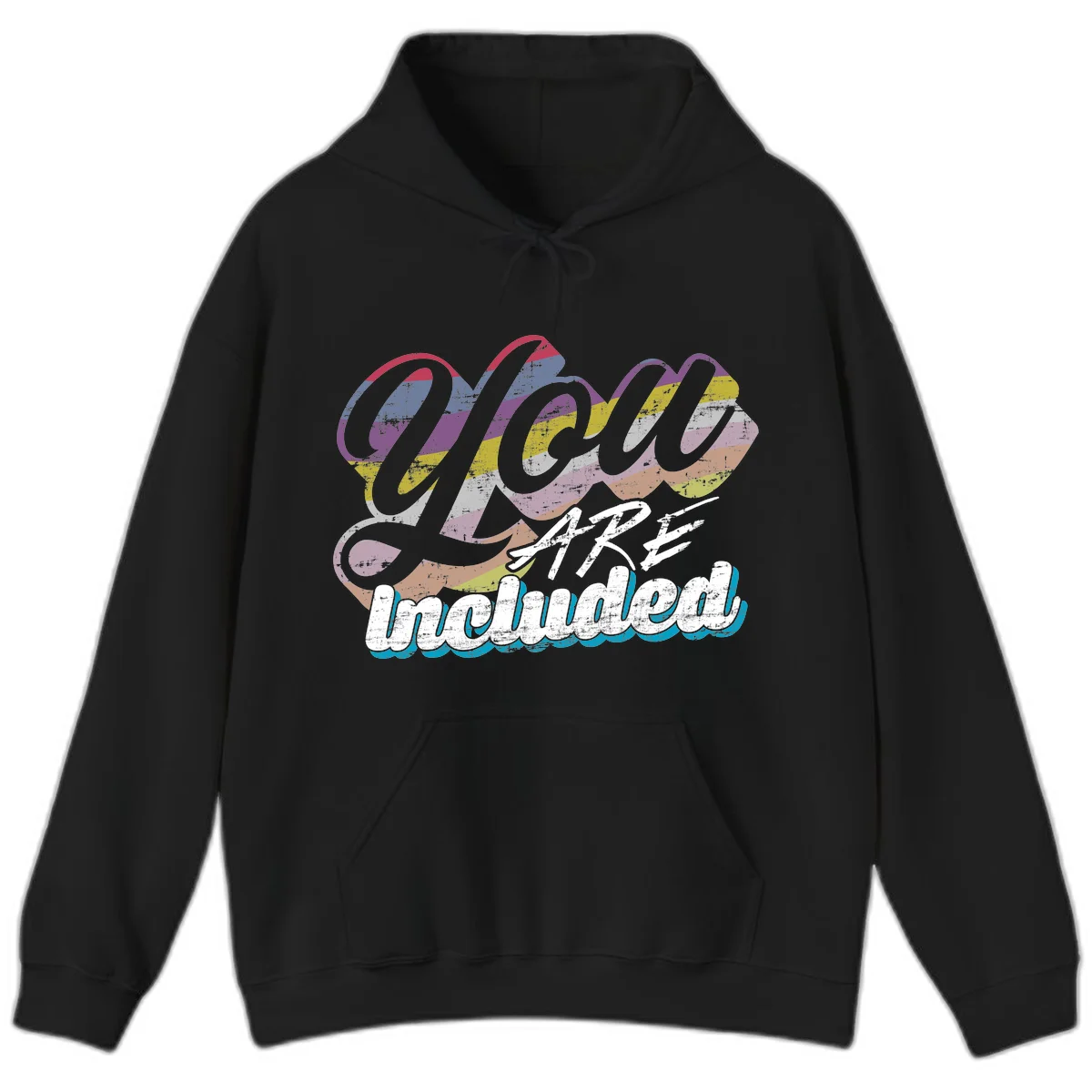 One love unbreakable pride design with rainbow-striped flowing ribbon banner and distressed vintage textures on gray background in Black