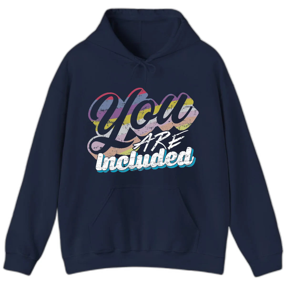 One love unbreakable pride design with rainbow-striped flowing ribbon banner and distressed vintage textures on gray background in Navy