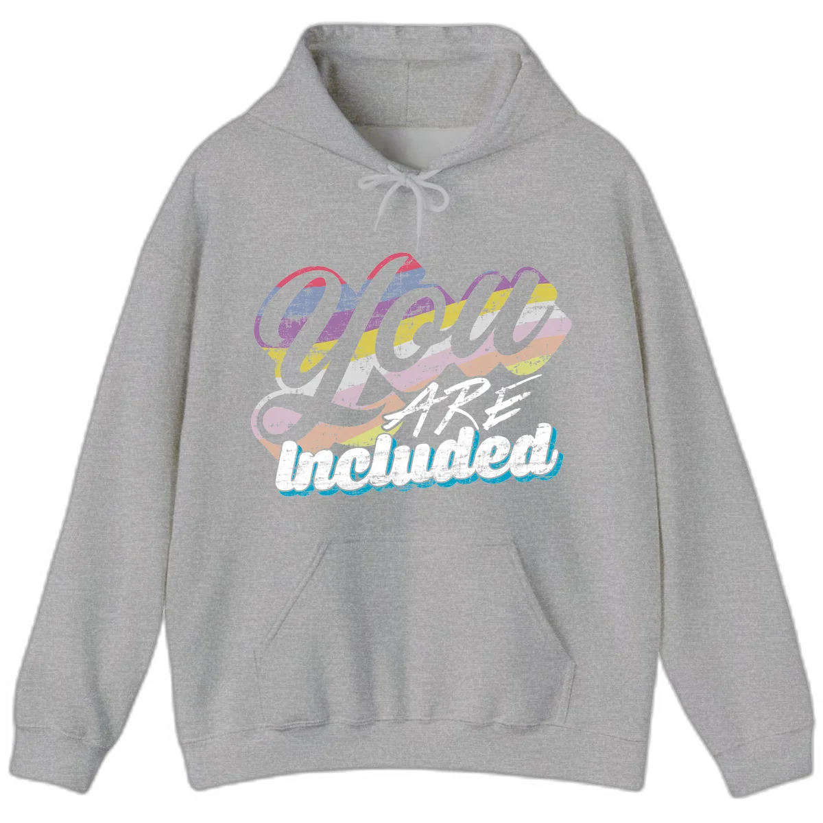 One love unbreakable pride design with rainbow-striped flowing ribbon banner and distressed vintage textures on gray background in Sport Grey