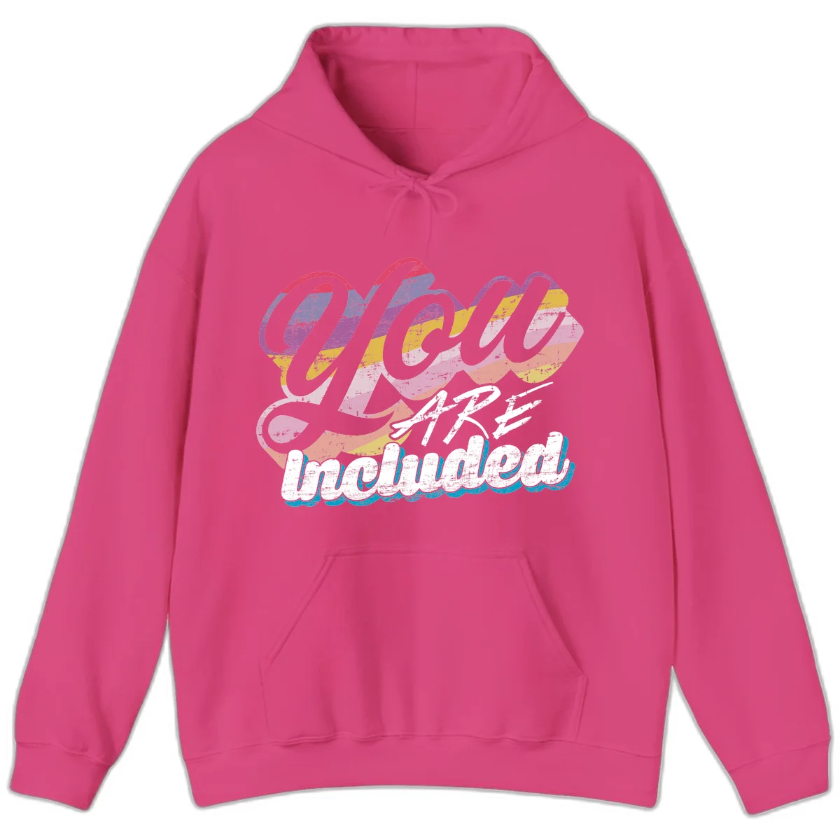 One love unbreakable pride design with rainbow-striped flowing ribbon banner and distressed vintage textures on gray background in Heliconia