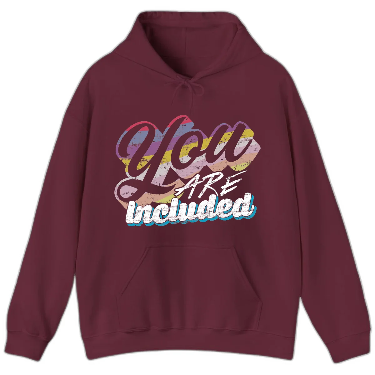 One love unbreakable pride design with rainbow-striped flowing ribbon banner and distressed vintage textures on gray background in Maroon