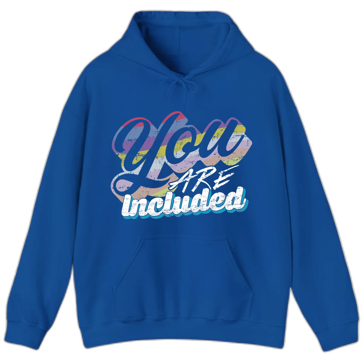 One love unbreakable pride design with rainbow-striped flowing ribbon banner and distressed vintage textures on gray background in Royal