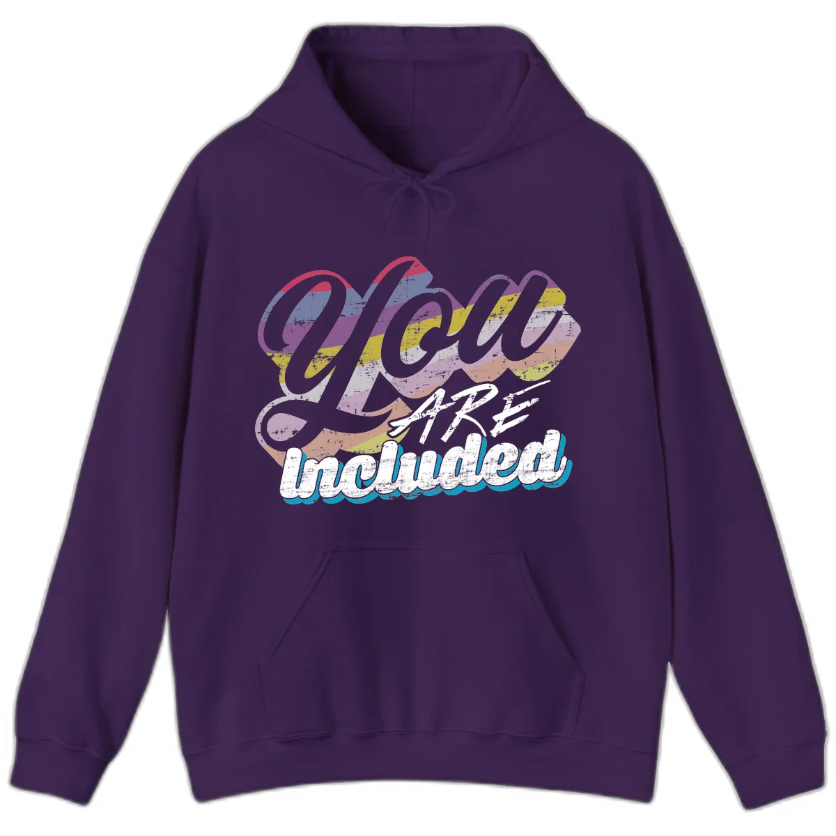 One love unbreakable pride design with rainbow-striped flowing ribbon banner and distressed vintage textures on gray background in Purple