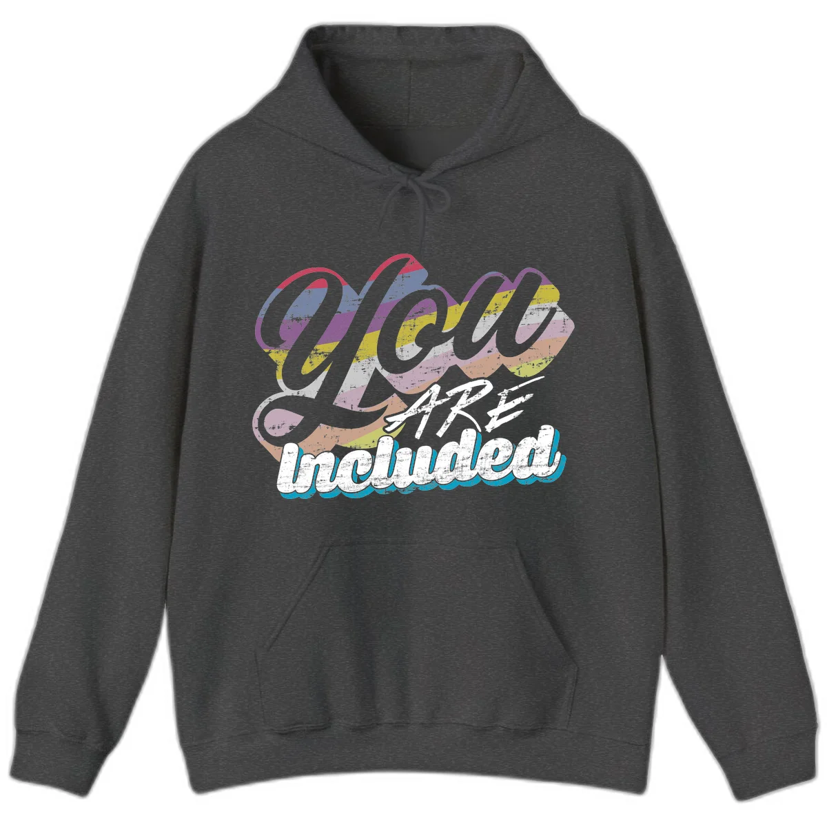 One love unbreakable pride design with rainbow-striped flowing ribbon banner and distressed vintage textures on gray background in Dark Heather