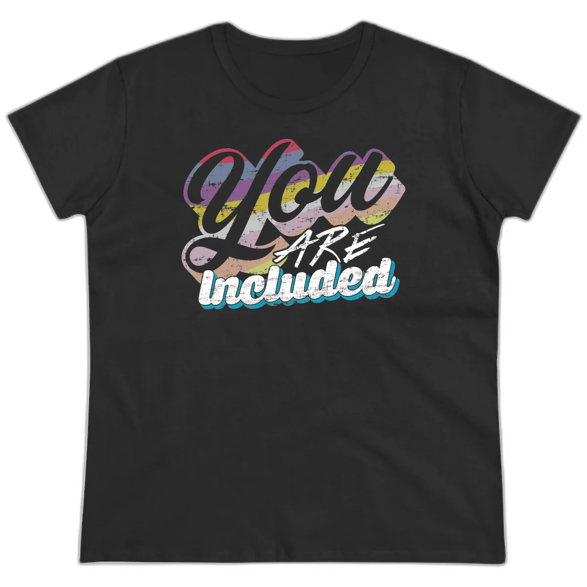 One love unbreakable pride design with rainbow-striped flowing ribbon banner and distressed vintage textures on gray background in Black