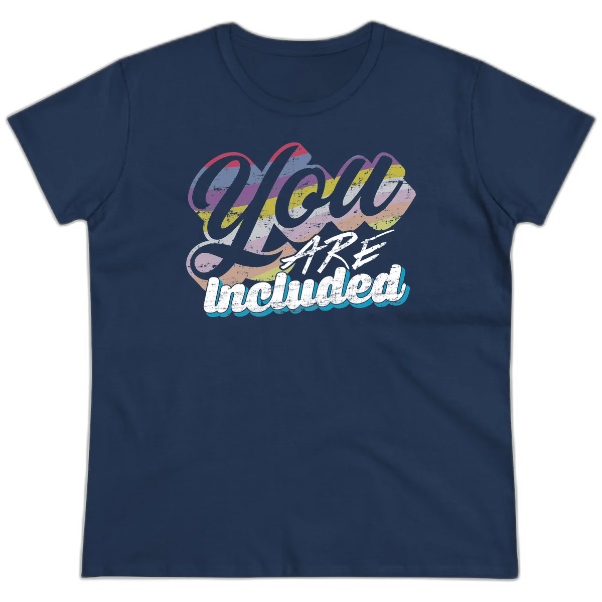 One love unbreakable pride design with rainbow-striped flowing ribbon banner and distressed vintage textures on gray background in Navy