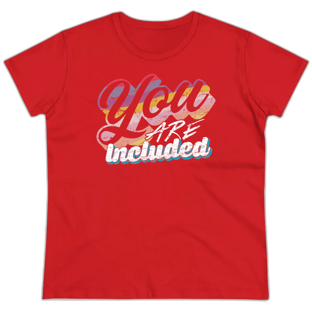 One love unbreakable pride design with rainbow-striped flowing ribbon banner and distressed vintage textures on gray background in Red