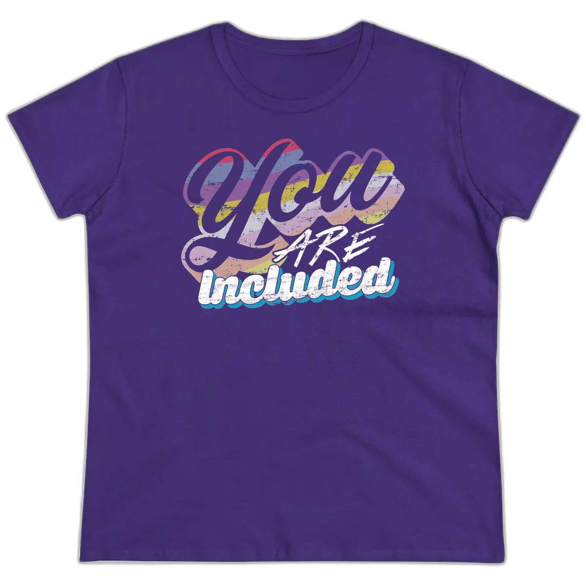 One love unbreakable pride design with rainbow-striped flowing ribbon banner and distressed vintage textures on gray background in Purple