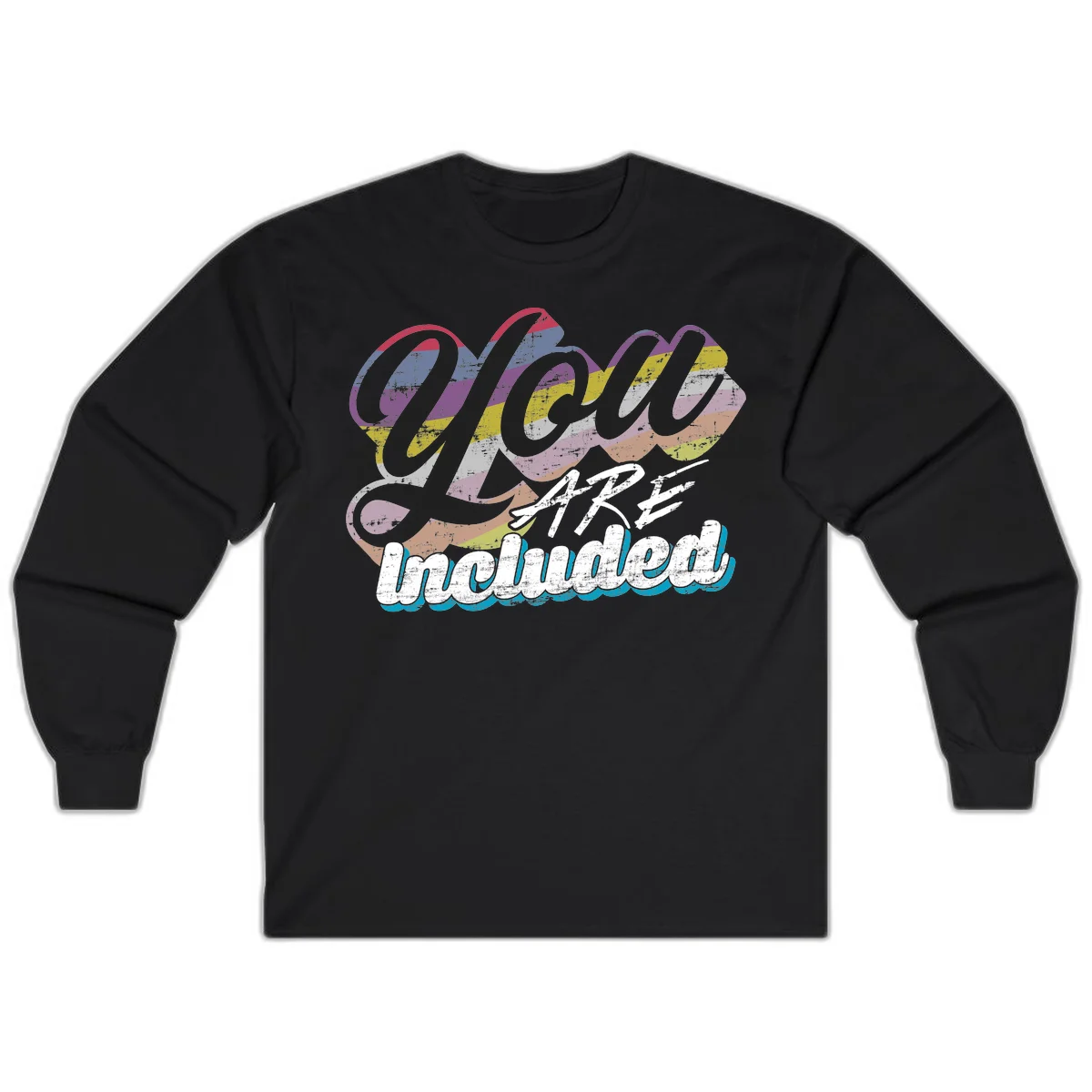 One love unbreakable pride design with rainbow-striped flowing ribbon banner and distressed vintage textures on gray background in Black