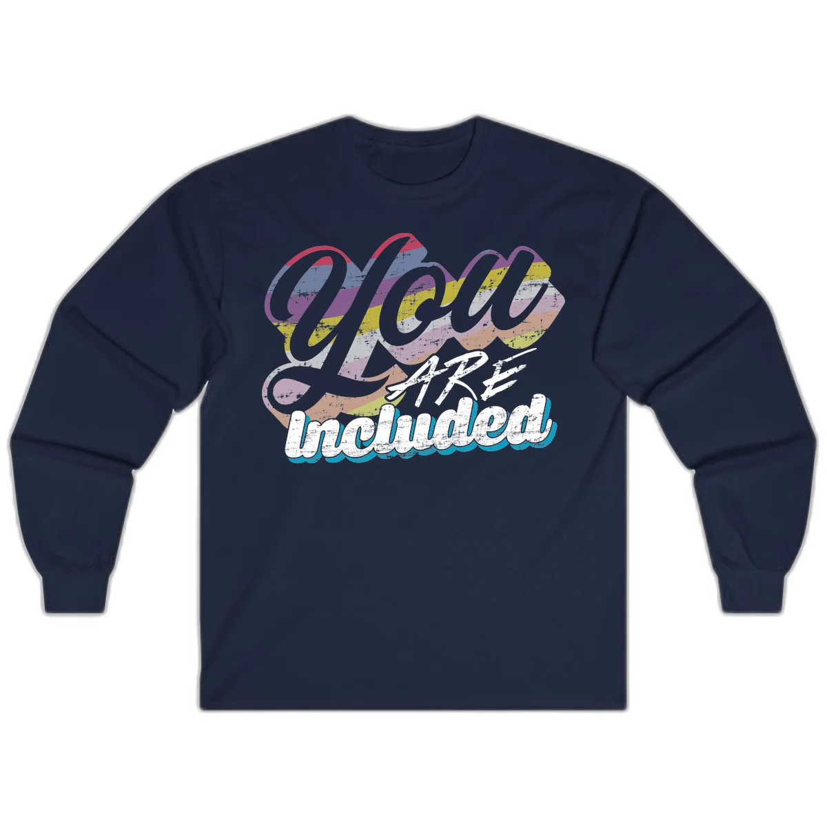 One love unbreakable pride design with rainbow-striped flowing ribbon banner and distressed vintage textures on gray background in Navy