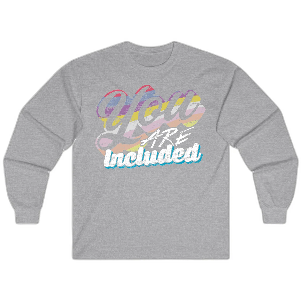 One love unbreakable pride design with rainbow-striped flowing ribbon banner and distressed vintage textures on gray background in Sport Grey