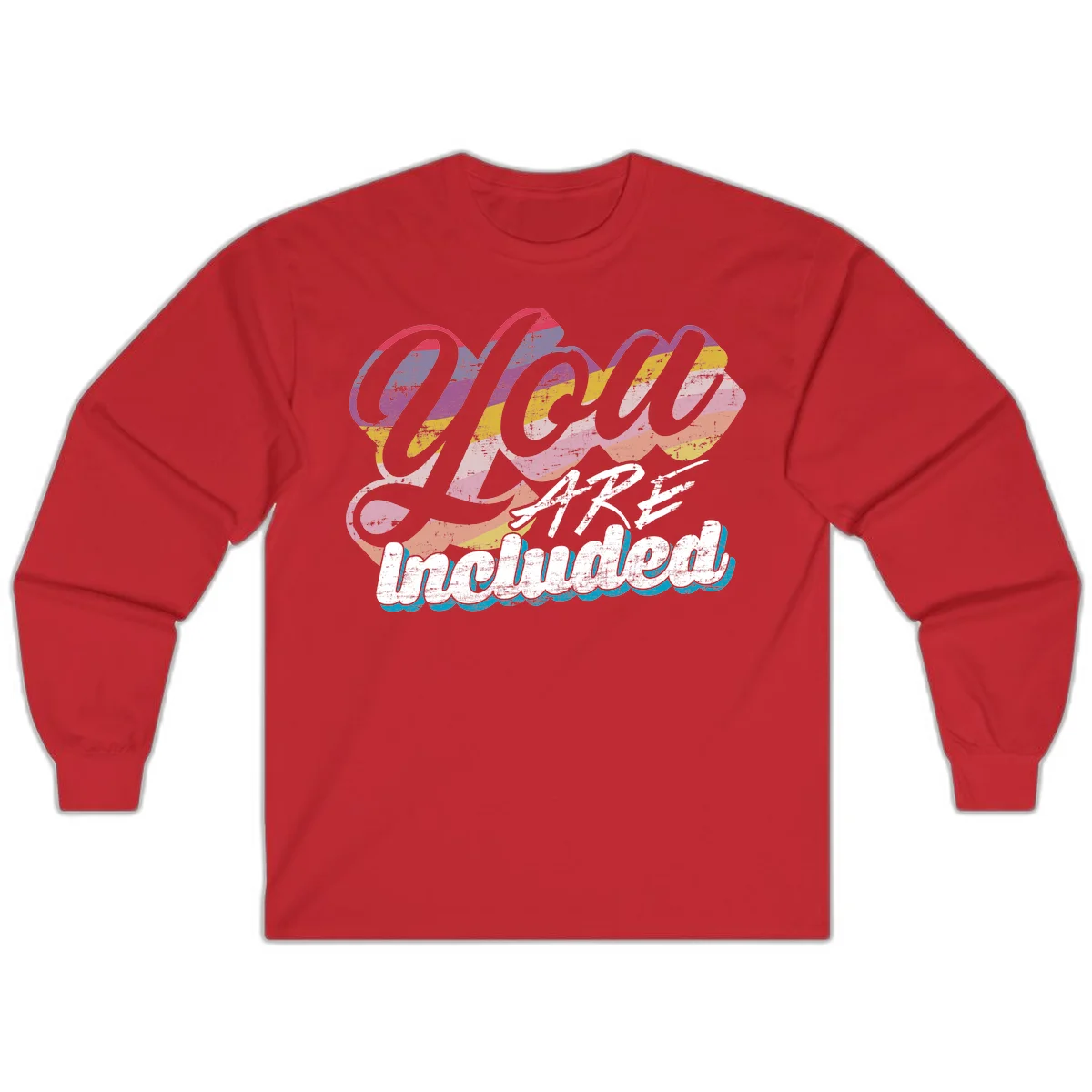 One love unbreakable pride design with rainbow-striped flowing ribbon banner and distressed vintage textures on gray background in Red