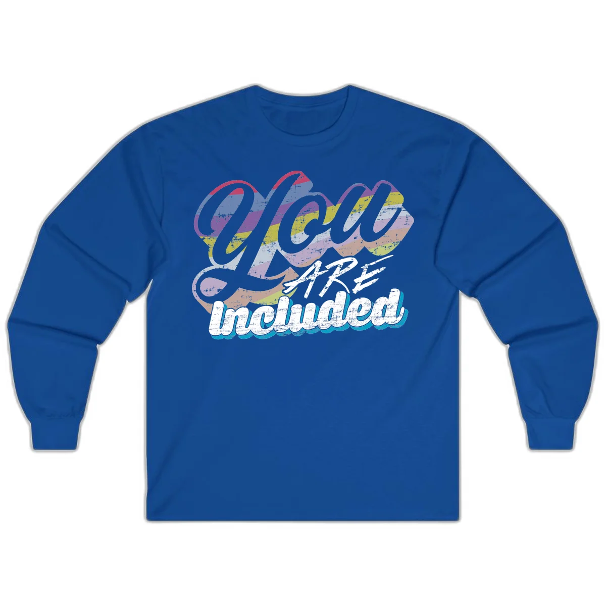 One love unbreakable pride design with rainbow-striped flowing ribbon banner and distressed vintage textures on gray background in Royal