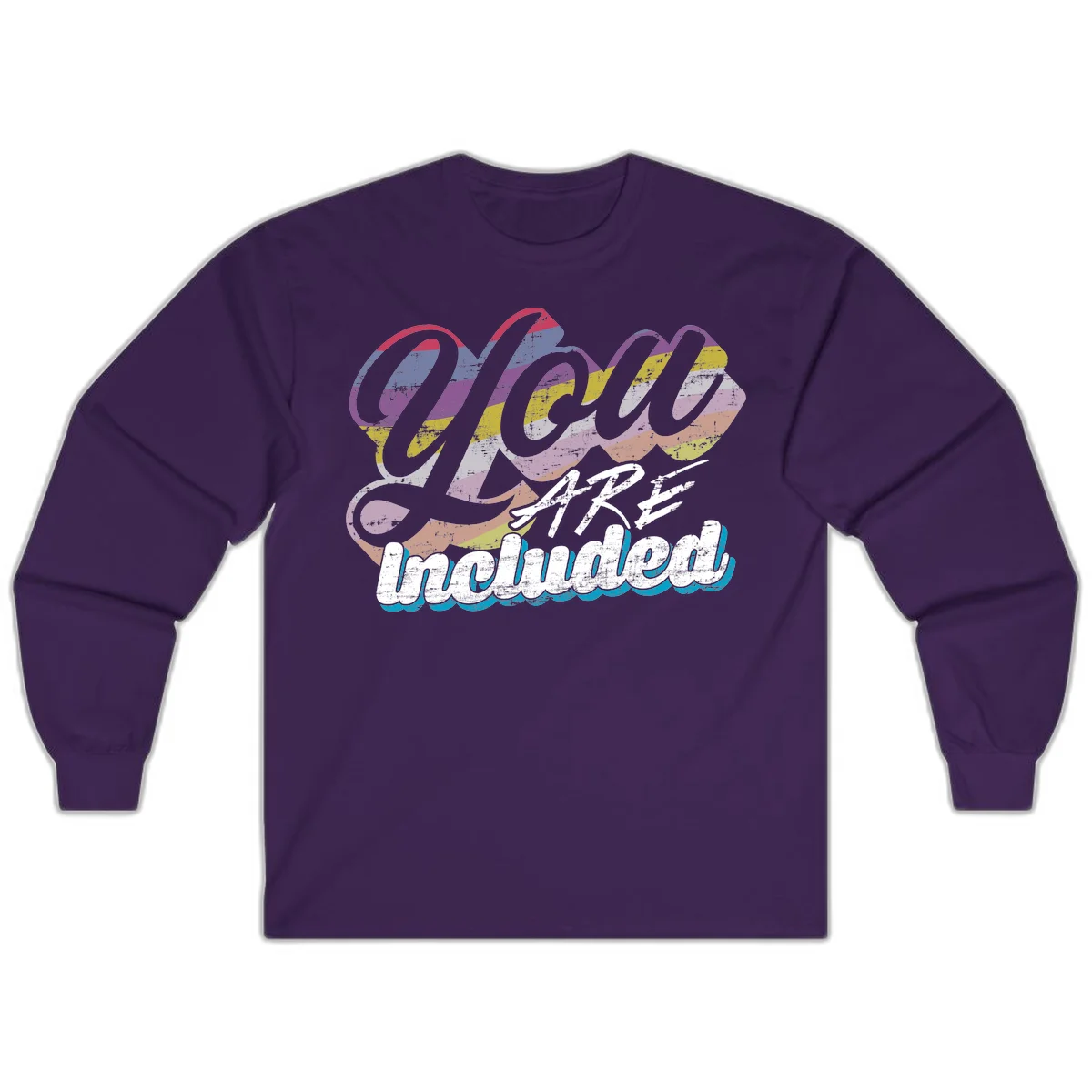 One love unbreakable pride design with rainbow-striped flowing ribbon banner and distressed vintage textures on gray background in Purple