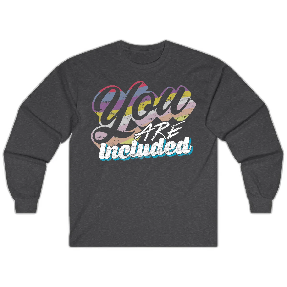 One love unbreakable pride design with rainbow-striped flowing ribbon banner and distressed vintage textures on gray background in Dark Heather