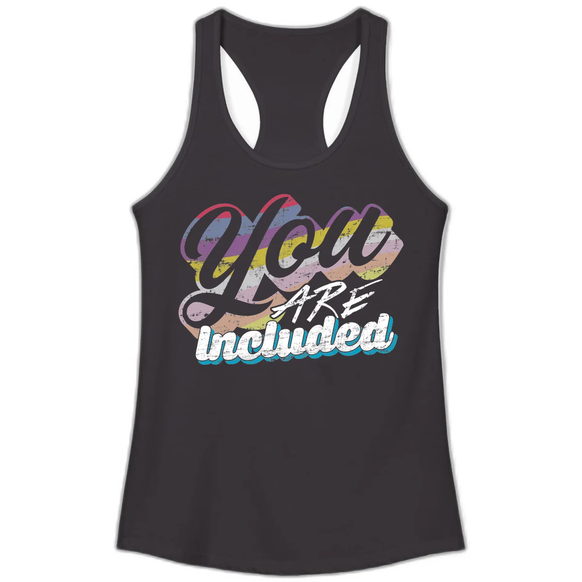 One love unbreakable pride design with rainbow-striped flowing ribbon banner and distressed vintage textures on gray background in Black