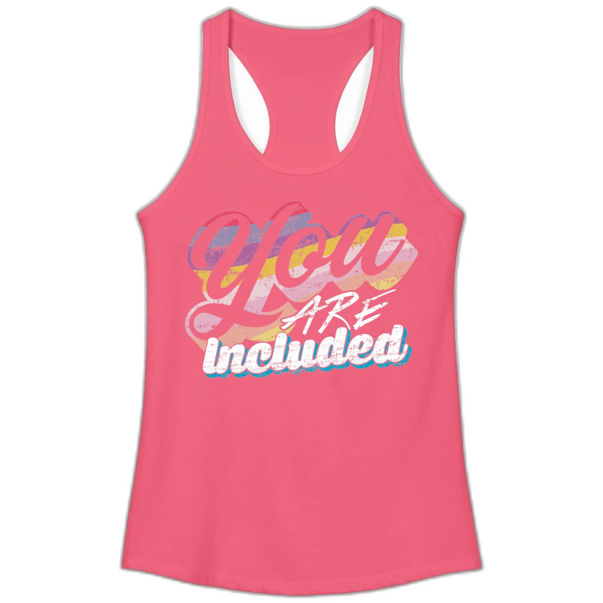 One love unbreakable pride design with rainbow-striped flowing ribbon banner and distressed vintage textures on gray background in Hot Pink