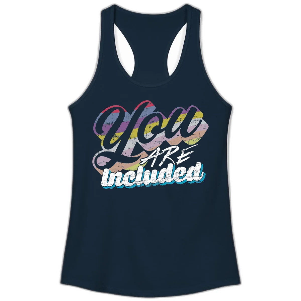 One love unbreakable pride design with rainbow-striped flowing ribbon banner and distressed vintage textures on gray background in Solid Midnight Navy