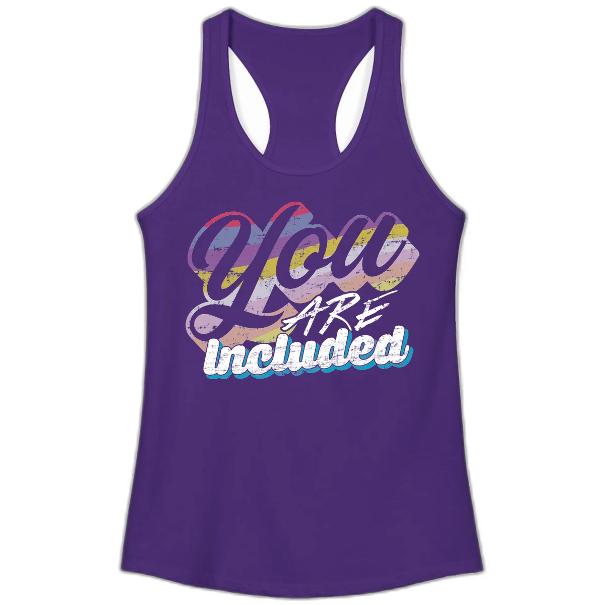 One love unbreakable pride design with rainbow-striped flowing ribbon banner and distressed vintage textures on gray background in Solid Purple Rush