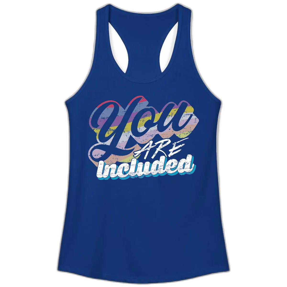 One love unbreakable pride design with rainbow-striped flowing ribbon banner and distressed vintage textures on gray background in Solid Royal