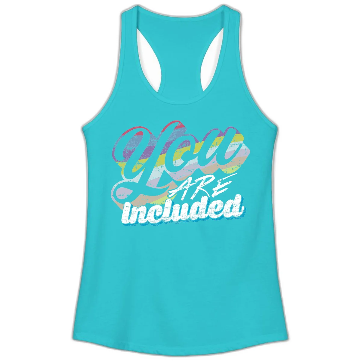 One love unbreakable pride design with rainbow-striped flowing ribbon banner and distressed vintage textures on gray background in Solid Tahiti Blue