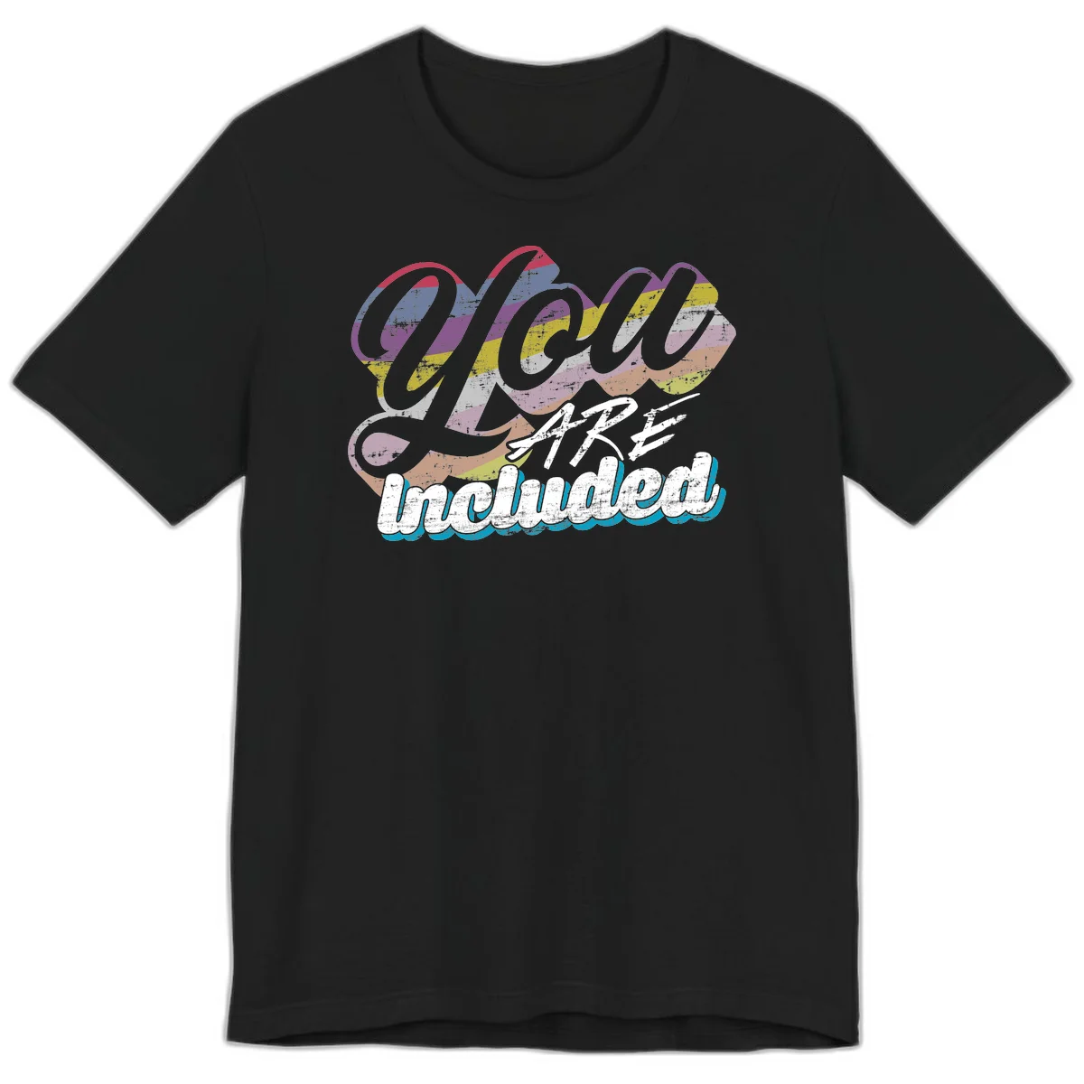 One love unbreakable pride design with rainbow-striped flowing ribbon banner and distressed vintage textures on gray background in Black