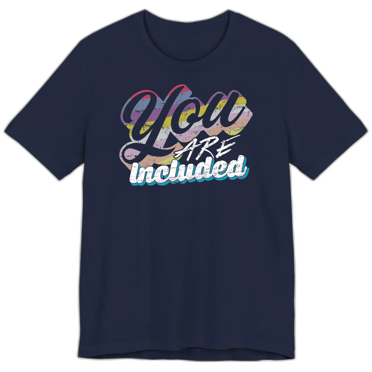 One love unbreakable pride design with rainbow-striped flowing ribbon banner and distressed vintage textures on gray background in Navy