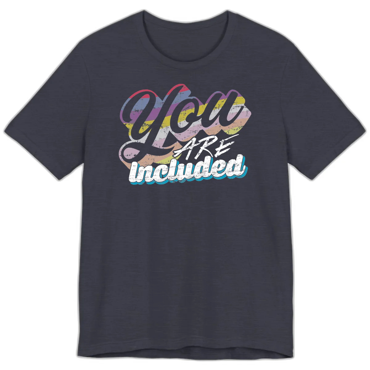 One love unbreakable pride design with rainbow-striped flowing ribbon banner and distressed vintage textures on gray background in Heather Midnight Navy