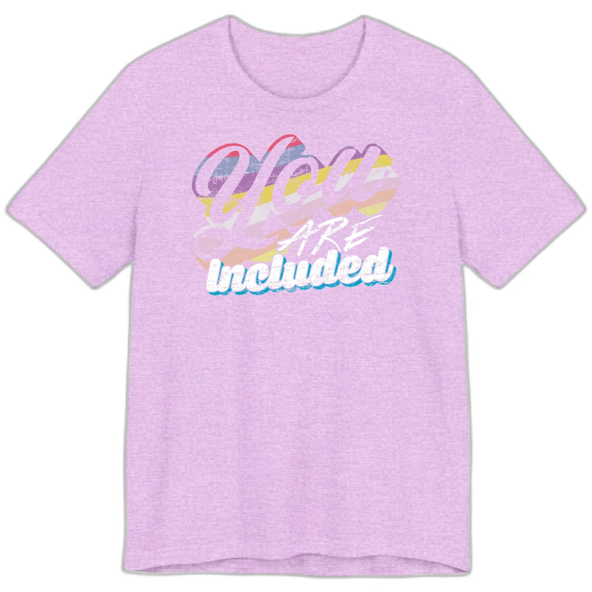 One love unbreakable pride design with rainbow-striped flowing ribbon banner and distressed vintage textures on gray background in Heather Prism Lilac