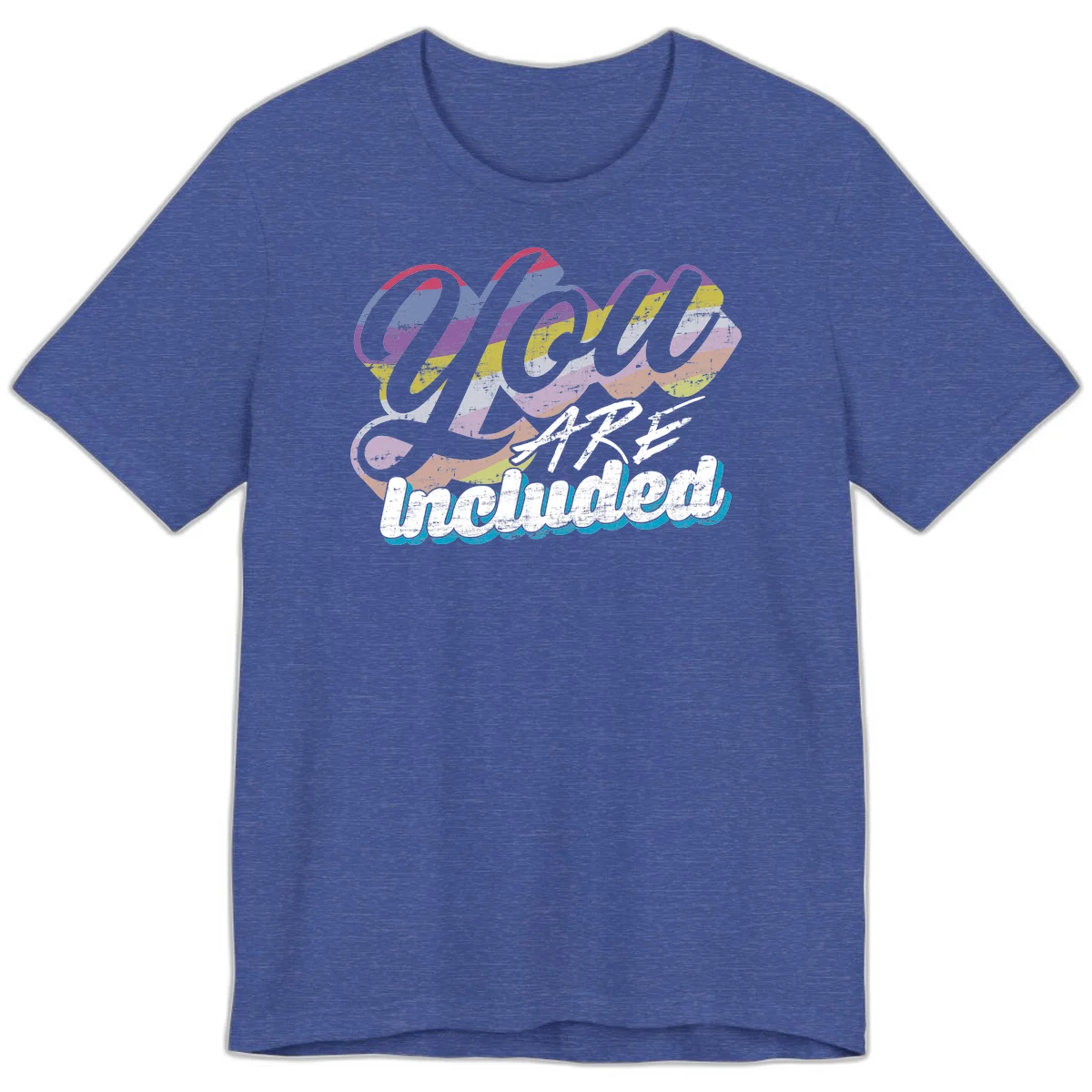 One love unbreakable pride design with rainbow-striped flowing ribbon banner and distressed vintage textures on gray background in Heather True Royal