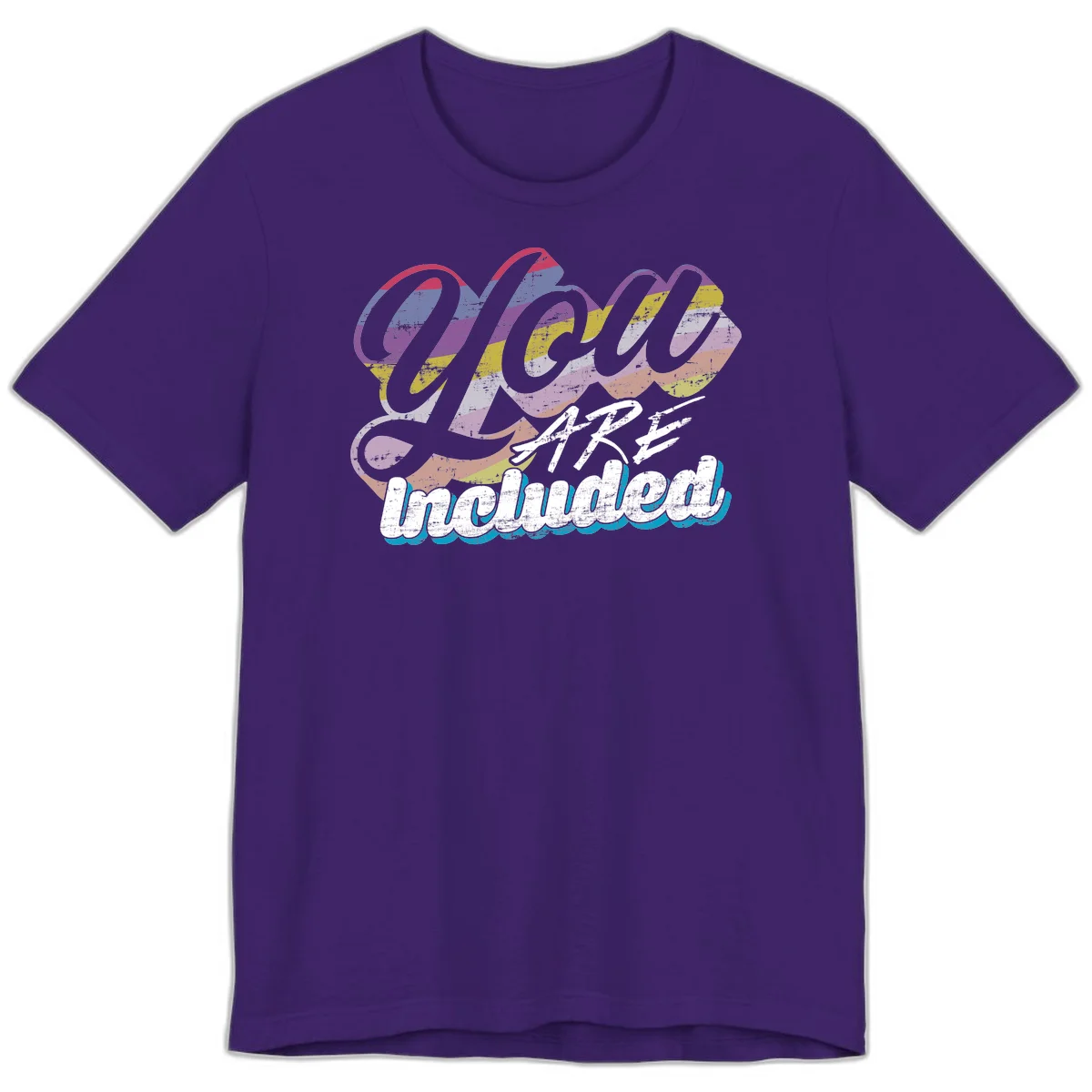 One love unbreakable pride design with rainbow-striped flowing ribbon banner and distressed vintage textures on gray background in Team Purple