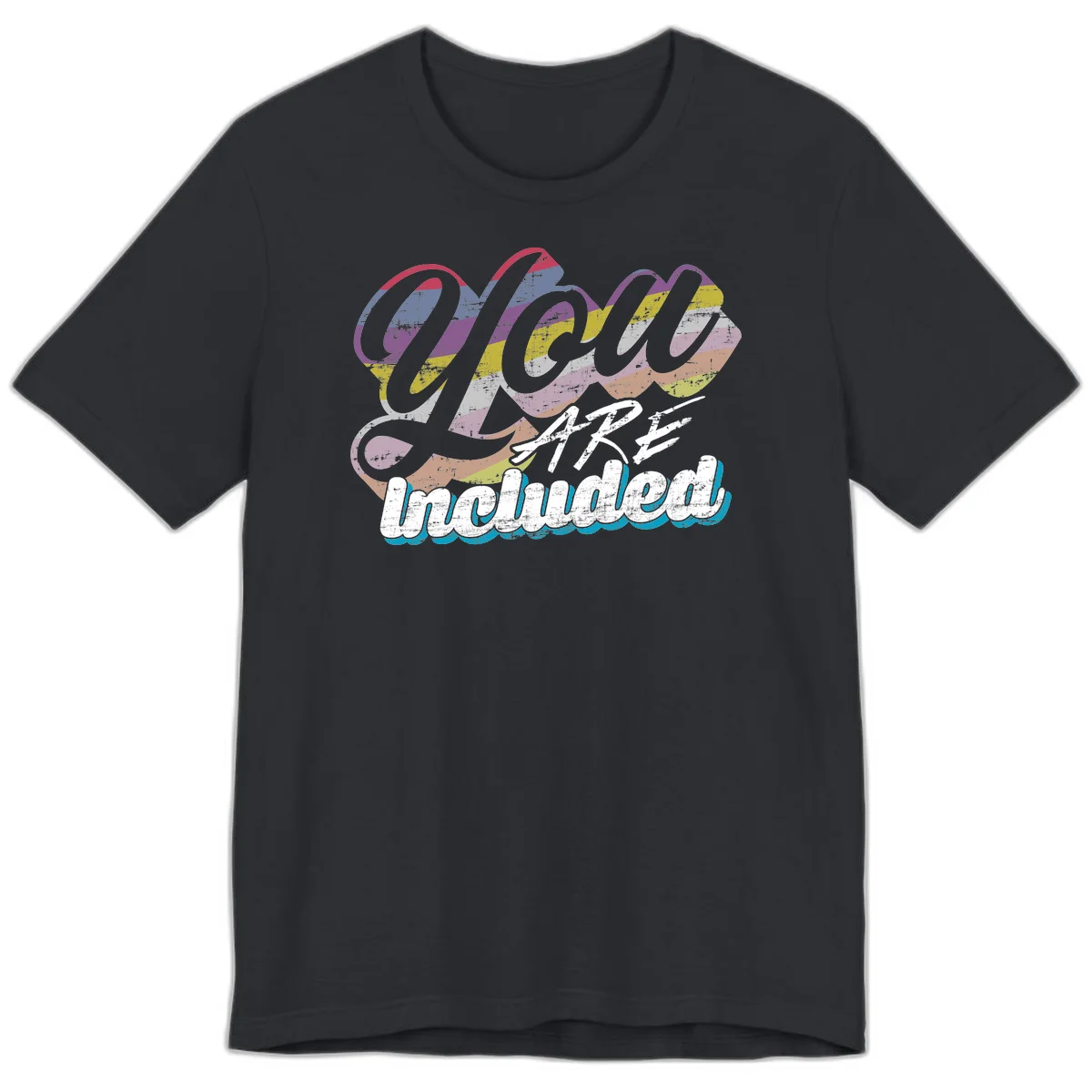 One love unbreakable pride design with rainbow-striped flowing ribbon banner and distressed vintage textures on gray background in Vintage Black