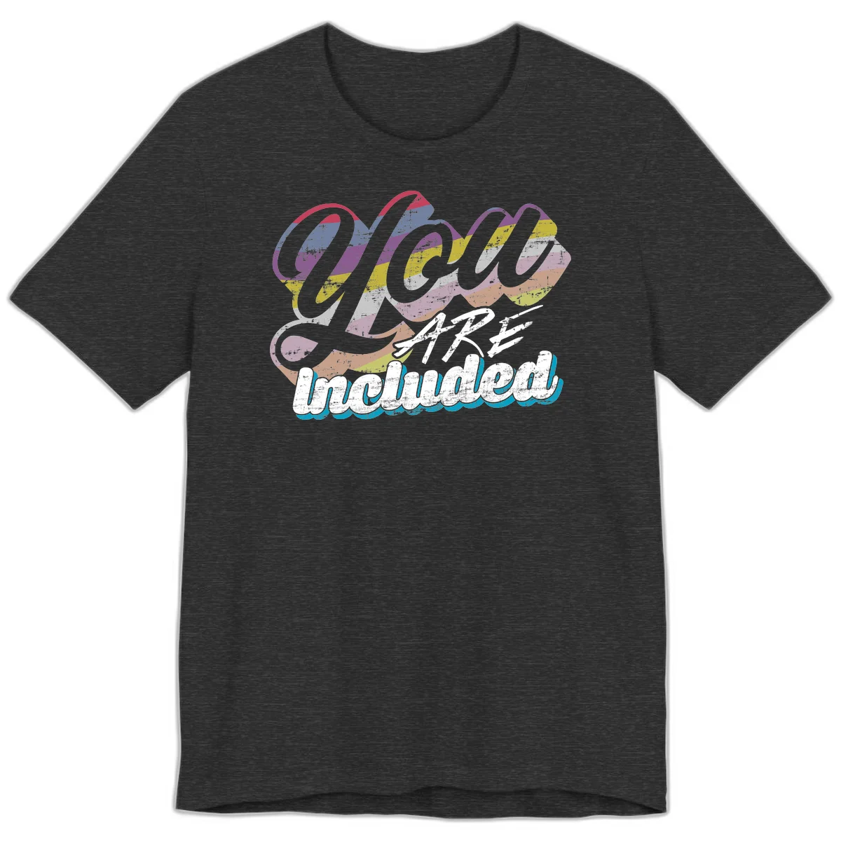 One love unbreakable pride design with rainbow-striped flowing ribbon banner and distressed vintage textures on gray background in Dark Grey Heather