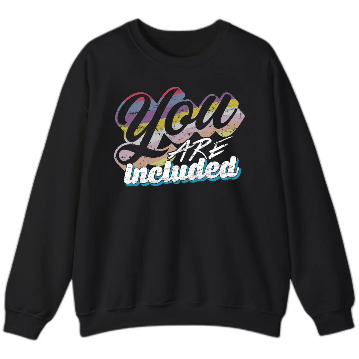 One love unbreakable pride design with rainbow-striped flowing ribbon banner and distressed vintage textures on gray background in Black