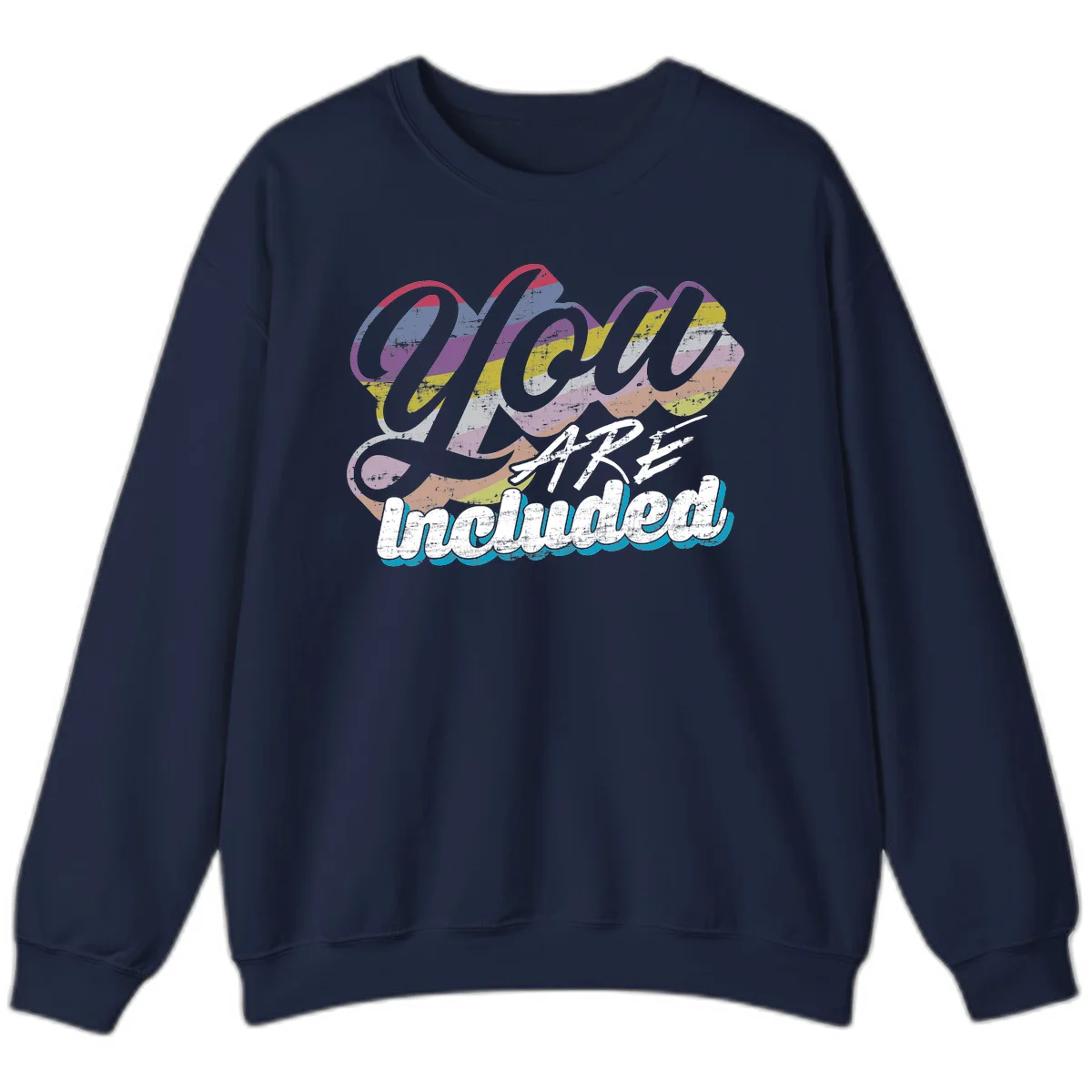 One love unbreakable pride design with rainbow-striped flowing ribbon banner and distressed vintage textures on gray background in Navy