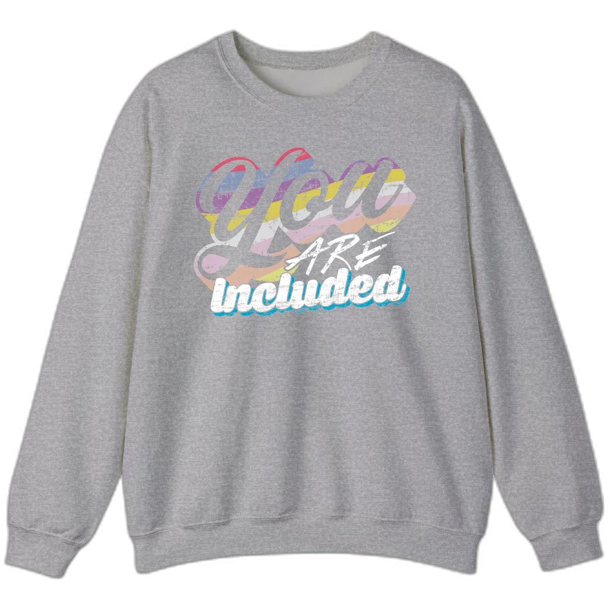 One love unbreakable pride design with rainbow-striped flowing ribbon banner and distressed vintage textures on gray background in Sport Grey