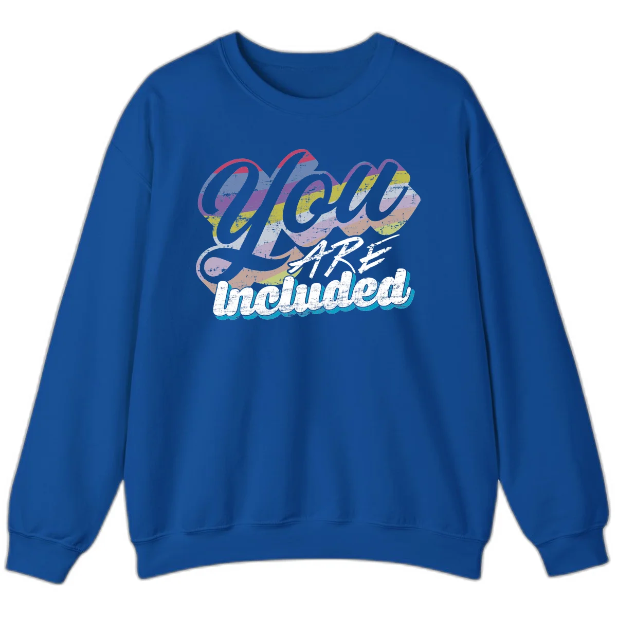 One love unbreakable pride design with rainbow-striped flowing ribbon banner and distressed vintage textures on gray background in Royal