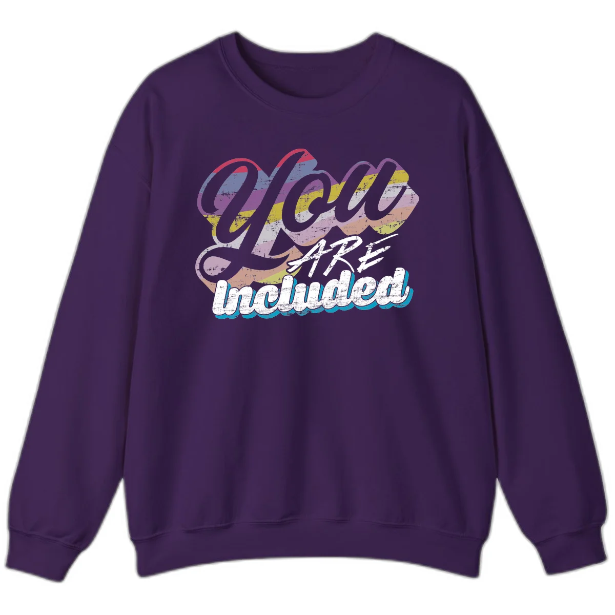 One love unbreakable pride design with rainbow-striped flowing ribbon banner and distressed vintage textures on gray background in Purple