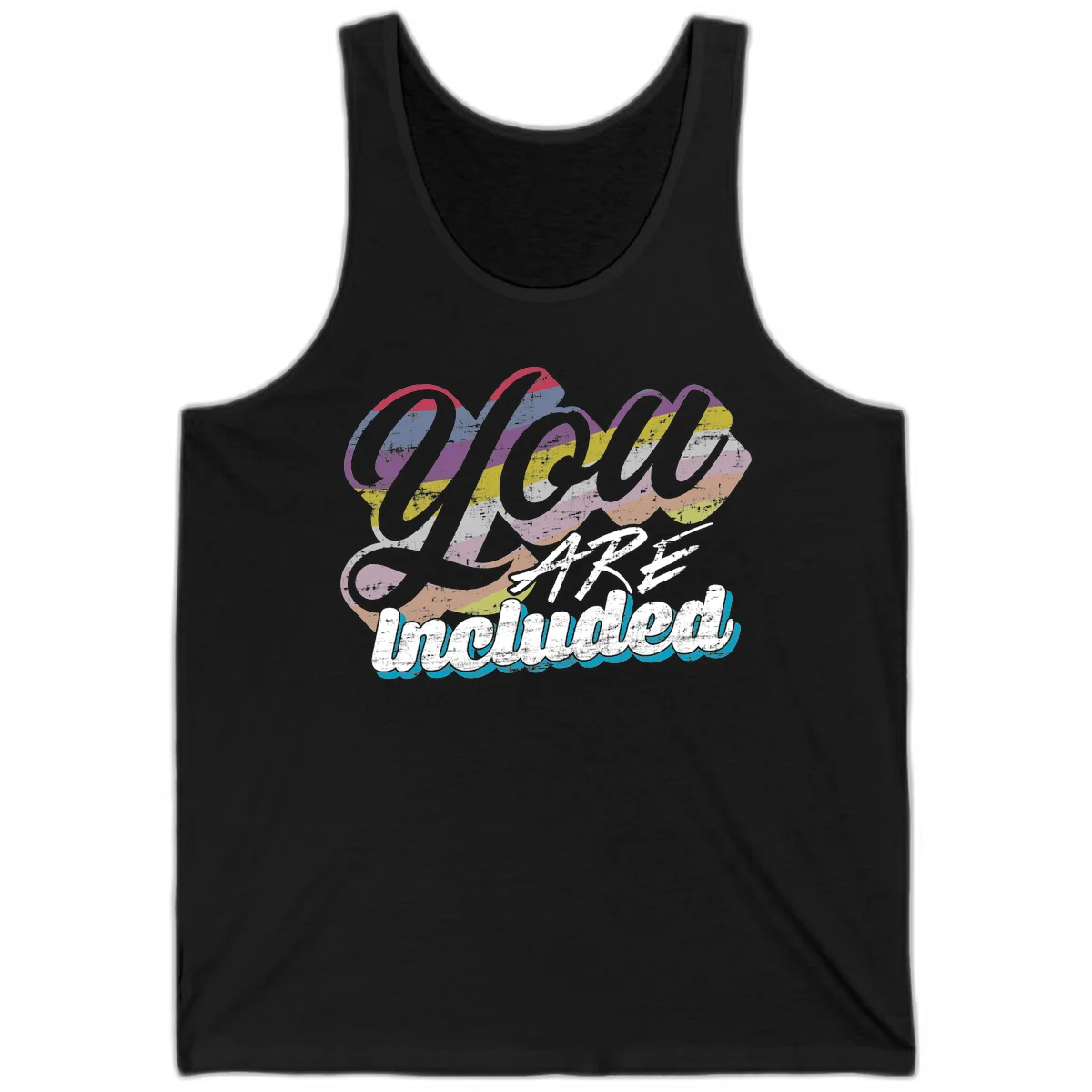 One love unbreakable pride design with rainbow-striped flowing ribbon banner and distressed vintage textures on gray background in Black