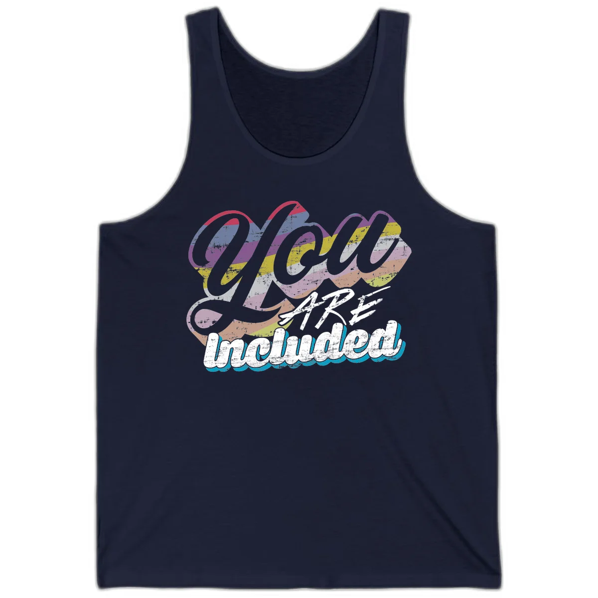 One love unbreakable pride design with rainbow-striped flowing ribbon banner and distressed vintage textures on gray background in Navy