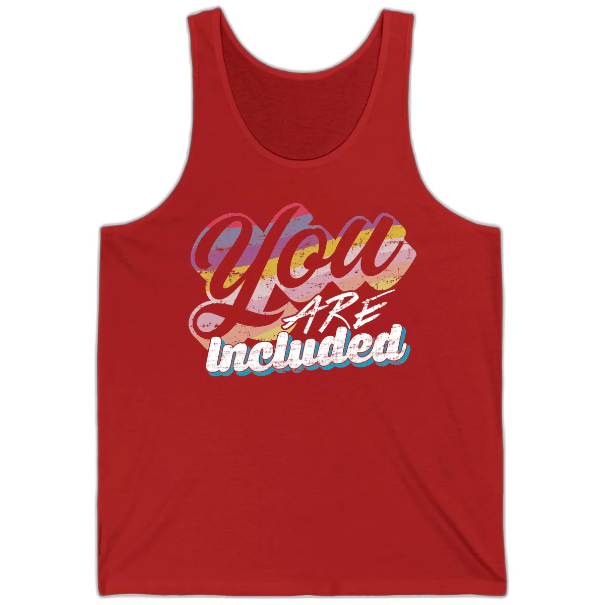 One love unbreakable pride design with rainbow-striped flowing ribbon banner and distressed vintage textures on gray background in Red