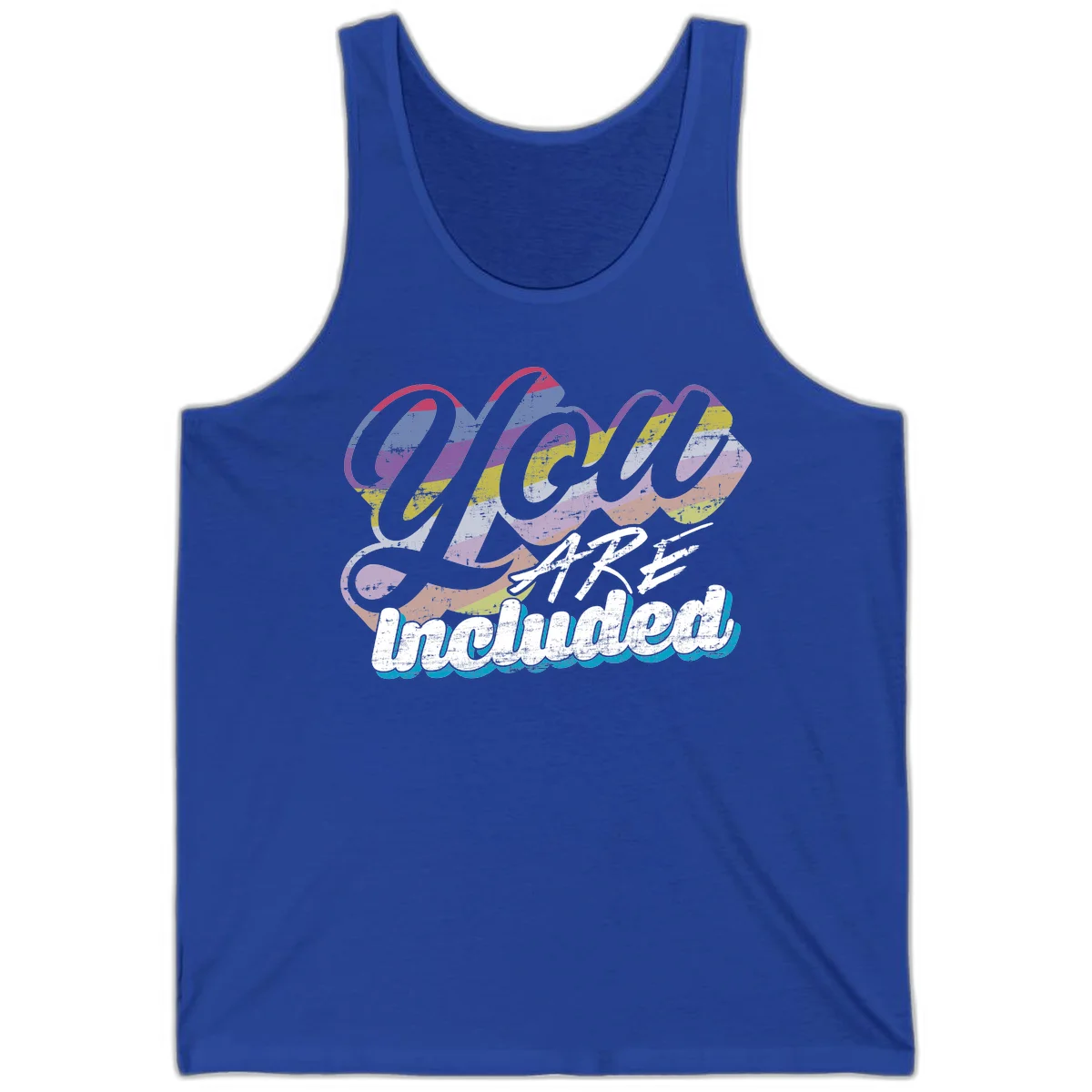 One love unbreakable pride design with rainbow-striped flowing ribbon banner and distressed vintage textures on gray background in True Royal