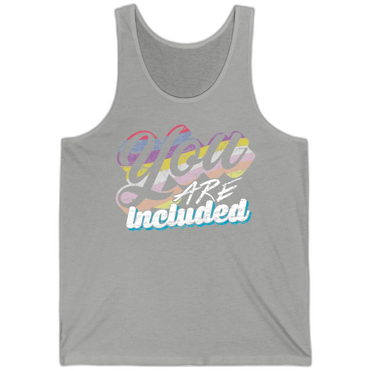 One love unbreakable pride design with rainbow-striped flowing ribbon banner and distressed vintage textures on gray background in Athletic Heather